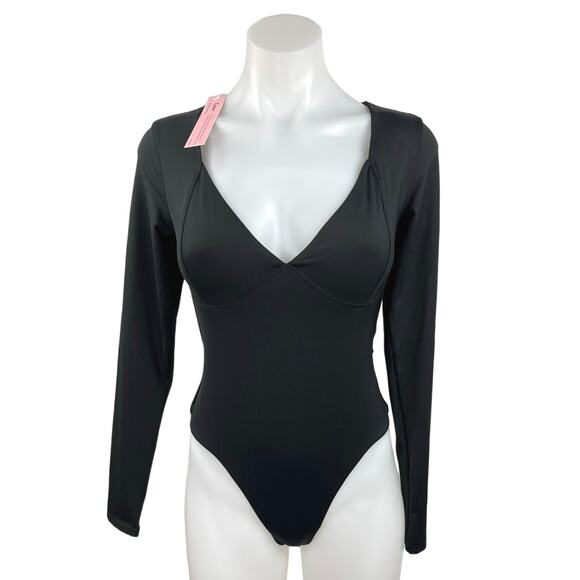 Qinsen Women's Black V-Neck Long Sleeve High Cut Leg One Piece Bodysuit Size M - Picture 1 of 4